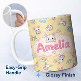 Personalized Custom Name Cute Rainbow Bunny Flower Egg Pastel Yellow Background Seamless 11oz Ceramic Coffee Tea Mug White Large Handle