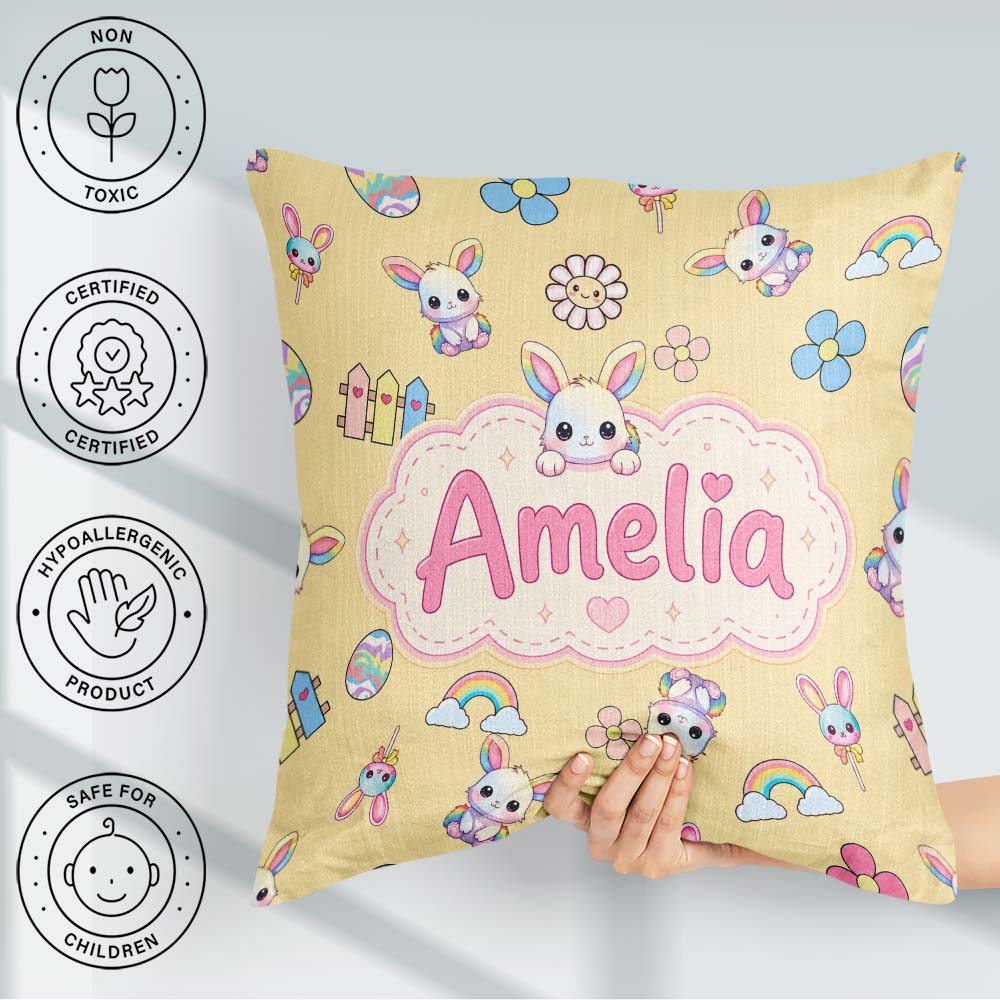 Custom Name Cute Rainbow Bunny Flower Egg Pastel Yellow Seamless Square Filled Cushion Throw Pillow Sofa Bed Home Decor Zip Washable UK Made