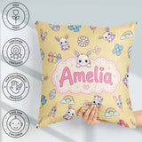 Custom Name Cute Rainbow Bunny Flower Egg Pastel Yellow Seamless Square Filled Cushion Throw Pillow Sofa Bed Home Decor Zip Washable UK Made
