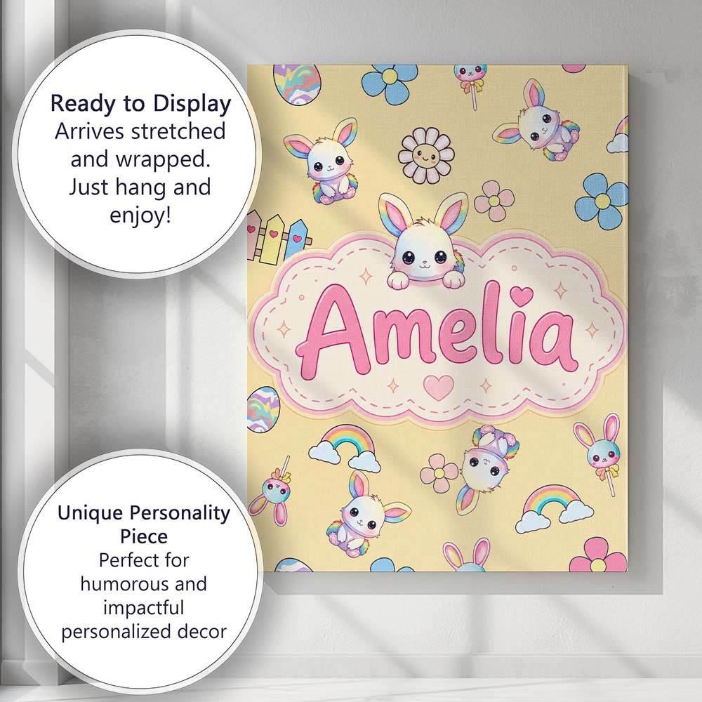 Personalised Name Cute Rainbow Bunny Flower Custom  Bespoke Interior Contemporary Canvas Wall Art Print Decor Picture Ready to Hang