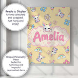 Personalised Name Cute Rainbow Bunny Flower Custom  Bespoke Interior Contemporary Canvas Wall Art Print Decor Picture Ready to Hang