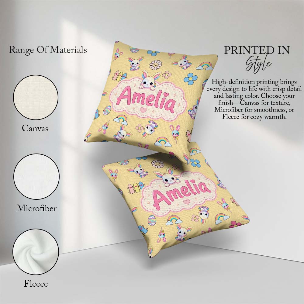Custom Name Cute Rainbow Bunny Flower Egg Pastel Yellow Seamless Square Filled Cushion Throw Pillow Sofa Bed Home Decor Zip Washable UK Made