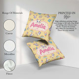 Custom Name Cute Rainbow Bunny Flower Egg Pastel Yellow Seamless Square Filled Cushion Throw Pillow Sofa Bed Home Decor Zip Washable UK Made