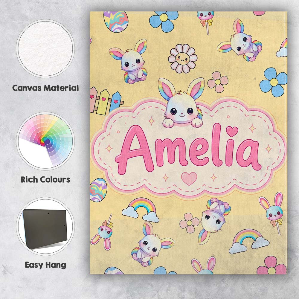 Personalised Name Cute Rainbow Bunny Flower Custom  Bespoke Interior Contemporary Canvas Wall Art Print Decor Picture Ready to Hang