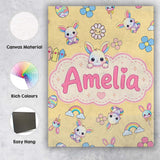 Personalised Name Cute Rainbow Bunny Flower Custom  Bespoke Interior Contemporary Canvas Wall Art Print Decor Picture Ready to Hang