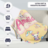 Cute Rainbow Bunny Flower Egg Pastel Yellow Background Seamless  Personalised Custom Name Super Soft Fleece Blanket Bed Sofa Throw