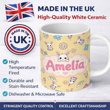 Personalized Custom Name Cute Rainbow Bunny Flower Egg Pastel Yellow Background Seamless 11oz Ceramic Coffee Tea Mug White Large Handle