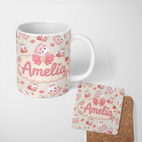 Personalized Custom Name Cute Strawberry Bunny Cake Dessert Kawaii Cream Background Seamless 11oz Ceramic Coffee Tea Mug White Large Handle
