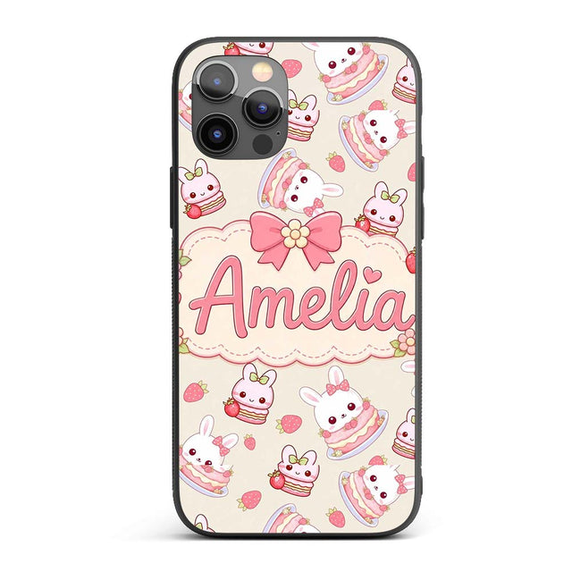 Cute Strawberry Bunny Cake Dessert Kawaii Cream Custom Name Protective Phone Case Mobile Cover Durable Everyday Smartphone Shock Resistant