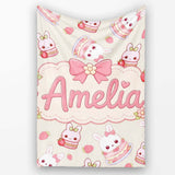 Cute Strawberry Bunny Cake Dessert Kawaii Cream Background Seamless  Personalised Custom Name Super Soft Fleece Blanket Bed Sofa Throw