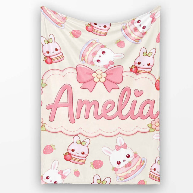 Cute Strawberry Bunny Cake Dessert Kawaii Cream Background Seamless  Personalised Custom Name Super Soft Fleece Blanket Bed Sofa Throw