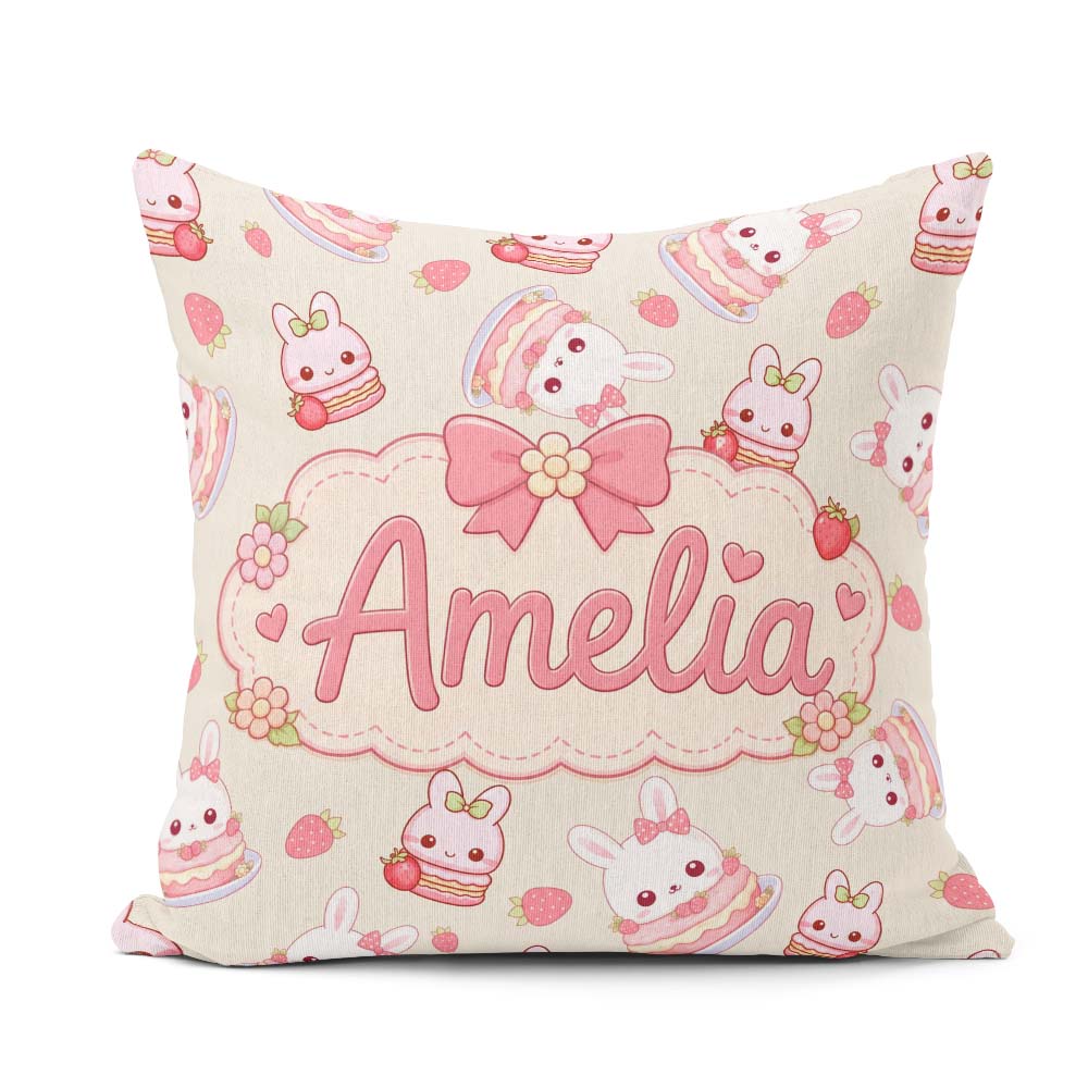 Custom Name Strawberry Bunny Cake Dessert Kawaii Cream Seamless Square Filled Cushion Throw Pillow Sofa Bed Home Decor Zip Washable UK Made