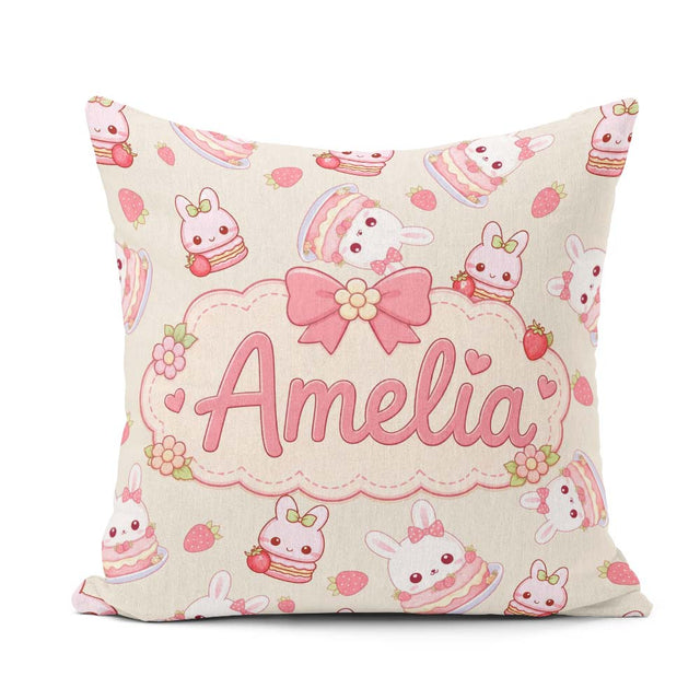 Custom Name Strawberry Bunny Cake Dessert Kawaii Cream Seamless Square Filled Cushion Throw Pillow Sofa Bed Home Decor Zip Washable UK Made