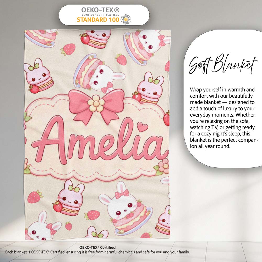 Cute Strawberry Bunny Cake Dessert Kawaii Cream Background Seamless  Personalised Custom Name Super Soft Fleece Blanket Bed Sofa Throw