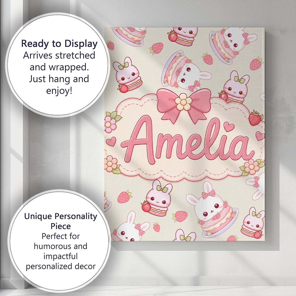 Personalised Name Cute Strawberry Bunny Custom  Modern Room Accent Elegant Feature Canvas Wall Art Print Decor Picture Ready to Hang