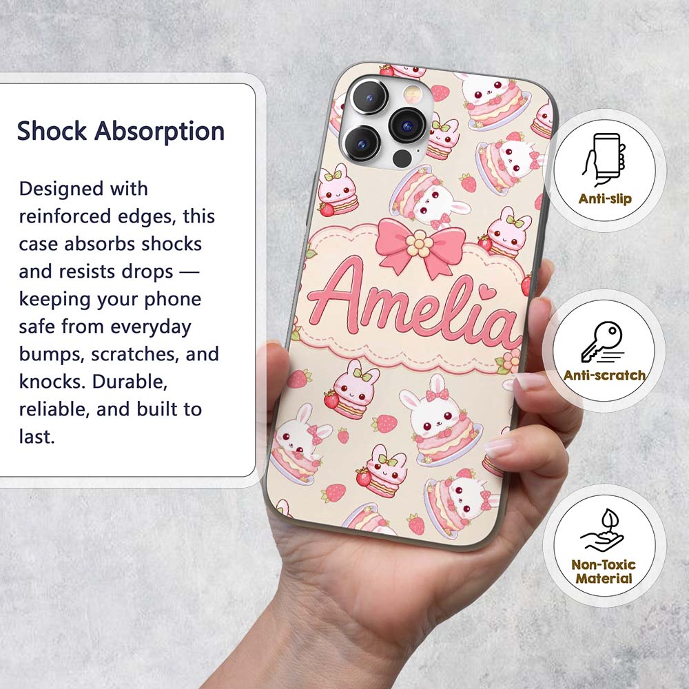 Cute Strawberry Bunny Cake Dessert Kawaii Cream Custom Name Protective Phone Case Mobile Cover Durable Everyday Smartphone Shock Resistant