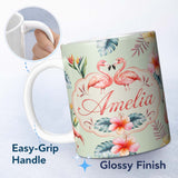 Personalized Custom Name Elegant Pink Flamingos Tropical Flowers on Sage Green Background 11oz Ceramic Coffee Tea Mug White Large Handle