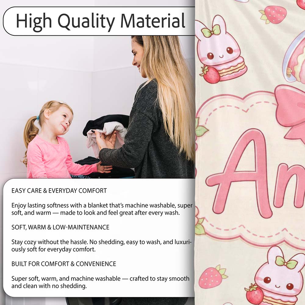 Cute Strawberry Bunny Cake Dessert Kawaii Cream Background Seamless  Personalised Custom Name Super Soft Fleece Blanket Bed Sofa Throw