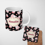 Personalized Custom Name Cute Strawberry Bunny Cake Dessert Kawaii Black Background Seamless 11oz Ceramic Coffee Tea Mug White Large Handle