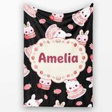 Cute Strawberry Bunny Cake Dessert Kawaii Black Background Seamless  Personalised Custom Name Super Soft Fleece Blanket Bed Sofa Throw