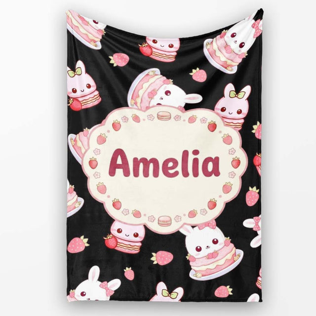 Cute Strawberry Bunny Cake Dessert Kawaii Black Background Seamless  Personalised Custom Name Super Soft Fleece Blanket Bed Sofa Throw