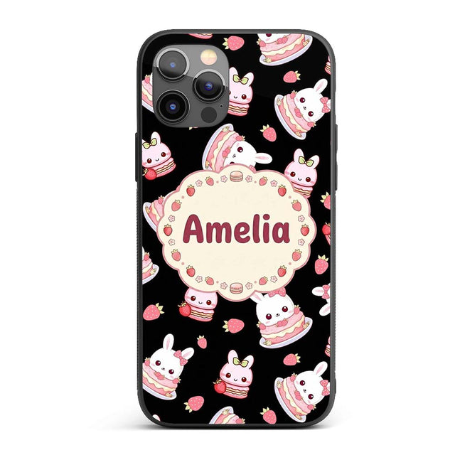 Cute Strawberry Bunny Cake Dessert Kawaii Black Custom Name Protective Phone Case Mobile Cover Durable Everyday Smartphone Shock Resistant