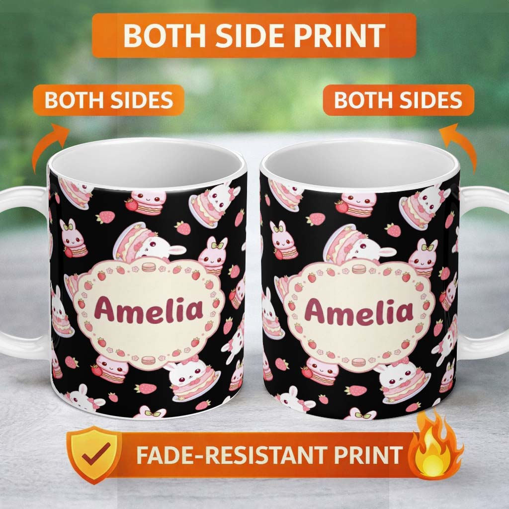 Personalized Custom Name Cute Strawberry Bunny Cake Dessert Kawaii Black Background Seamless 11oz Ceramic Coffee Tea Mug White Large Handle