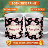 Personalized Custom Name Cute Strawberry Bunny Cake Dessert Kawaii Black Background Seamless 11oz Ceramic Coffee Tea Mug White Large Handle
