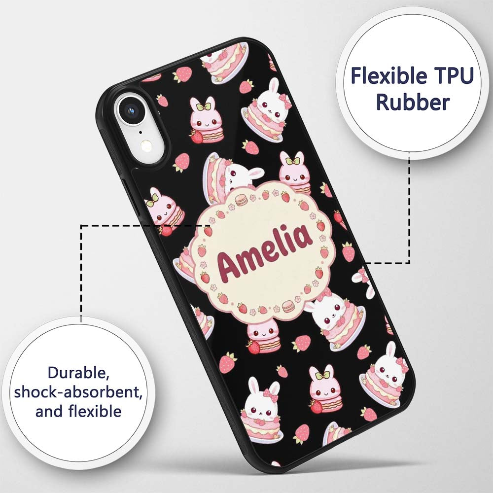 Cute Strawberry Bunny Cake Dessert Kawaii Black Custom Name Protective Phone Case Mobile Cover Durable Everyday Smartphone Shock Resistant