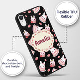 Cute Strawberry Bunny Cake Dessert Kawaii Black Custom Name Protective Phone Case Mobile Cover Durable Everyday Smartphone Shock Resistant