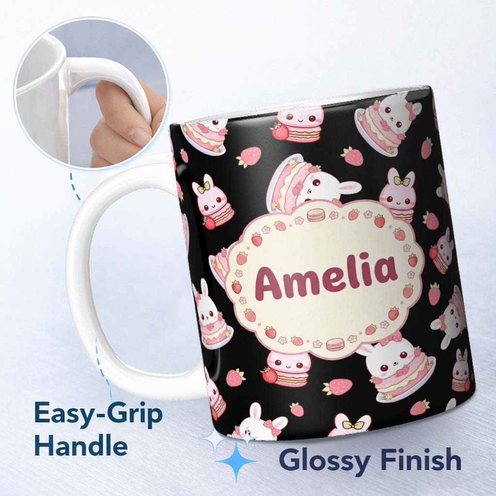 Personalized Custom Name Cute Strawberry Bunny Cake Dessert Kawaii Black Background Seamless 11oz Ceramic Coffee Tea Mug White Large Handle