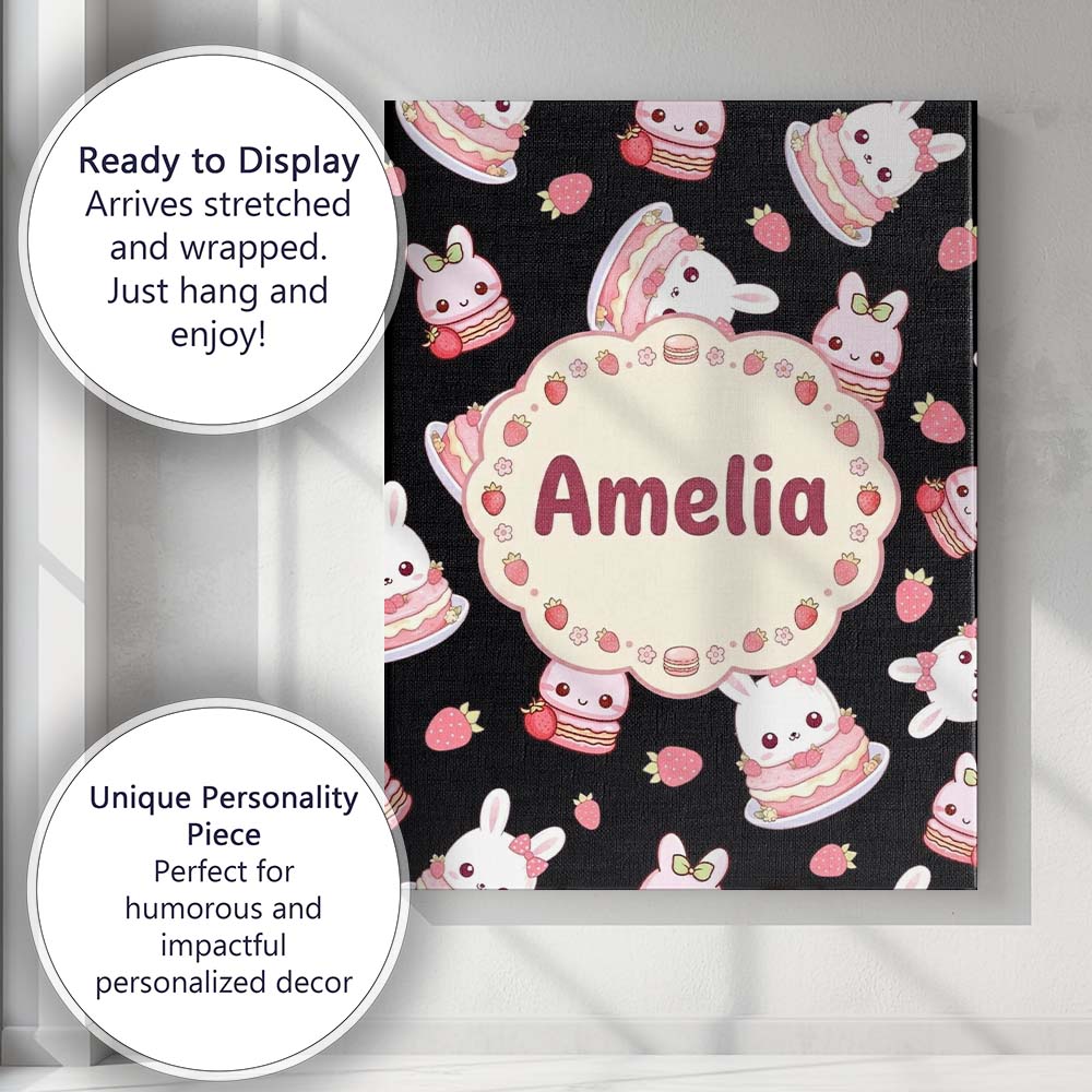 Personalised Name Cute Strawberry Bunny Custom  Modern Room Accent Elegant Feature Canvas Wall Art Print Decor Picture Ready to Hang