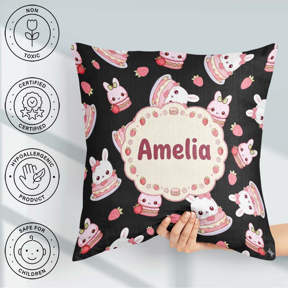 Custom Name Strawberry Bunny Cake Dessert Kawaii Black Seamless Square Filled Cushion Throw Pillow Sofa Bed Home Decor Zip Washable UK Made