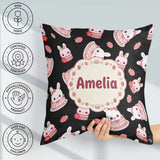 Custom Name Strawberry Bunny Cake Dessert Kawaii Black Seamless Square Filled Cushion Throw Pillow Sofa Bed Home Decor Zip Washable UK Made