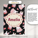 Cute Strawberry Bunny Cake Dessert Kawaii Black Background Seamless  Personalised Custom Name Super Soft Fleece Blanket Bed Sofa Throw