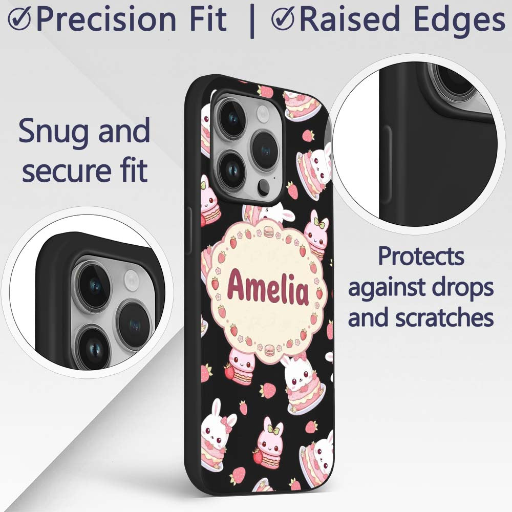 Cute Strawberry Bunny Cake Dessert Kawaii Black Custom Name Protective Phone Case Mobile Cover Durable Everyday Smartphone Shock Resistant