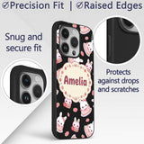 Cute Strawberry Bunny Cake Dessert Kawaii Black Custom Name Protective Phone Case Mobile Cover Durable Everyday Smartphone Shock Resistant