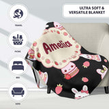 Cute Strawberry Bunny Cake Dessert Kawaii Black Background Seamless  Personalised Custom Name Super Soft Fleece Blanket Bed Sofa Throw