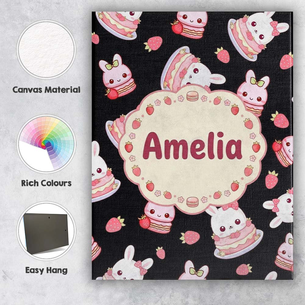Personalised Name Cute Strawberry Bunny Custom  Modern Room Accent Elegant Feature Canvas Wall Art Print Decor Picture Ready to Hang