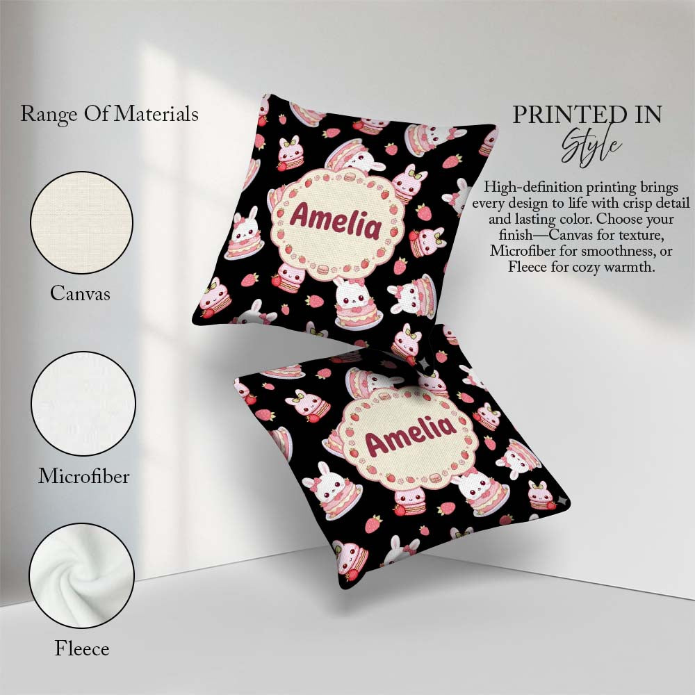 Custom Name Strawberry Bunny Cake Dessert Kawaii Black Seamless Square Filled Cushion Throw Pillow Sofa Bed Home Decor Zip Washable UK Made