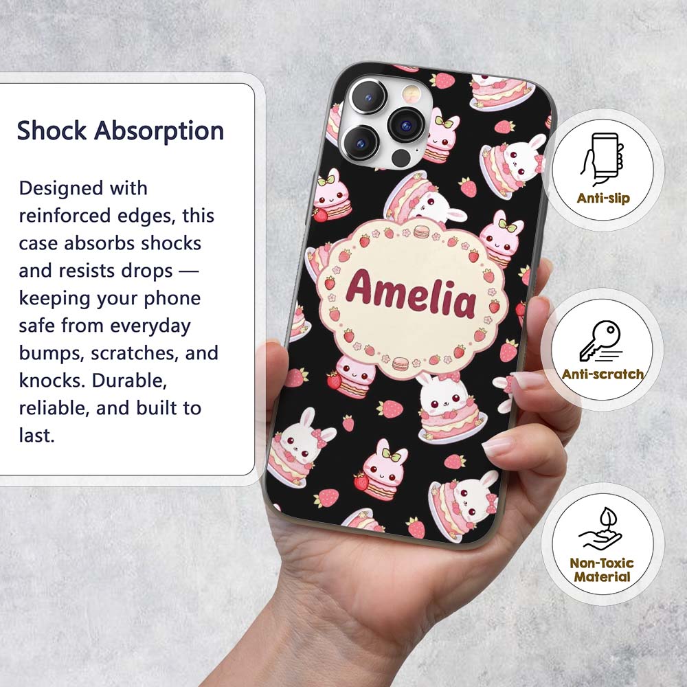 Cute Strawberry Bunny Cake Dessert Kawaii Black Custom Name Protective Phone Case Mobile Cover Durable Everyday Smartphone Shock Resistant