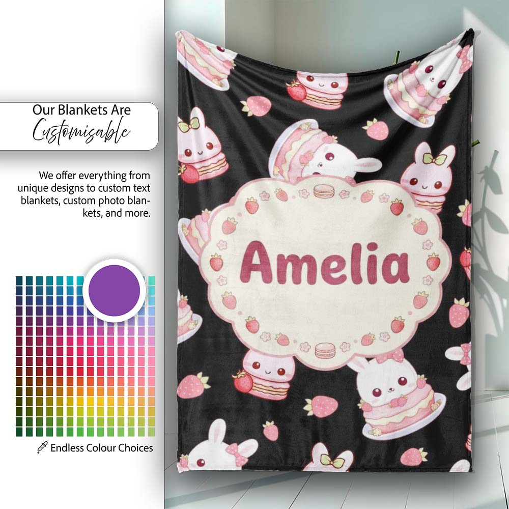 Cute Strawberry Bunny Cake Dessert Kawaii Black Background Seamless  Personalised Custom Name Super Soft Fleece Blanket Bed Sofa Throw