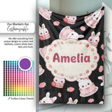 Cute Strawberry Bunny Cake Dessert Kawaii Black Background Seamless  Personalised Custom Name Super Soft Fleece Blanket Bed Sofa Throw