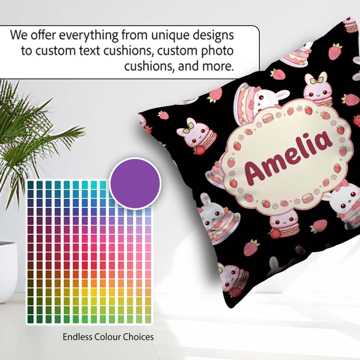 Custom Name Strawberry Bunny Cake Dessert Kawaii Black Seamless Square Filled Cushion Throw Pillow Sofa Bed Home Decor Zip Washable UK Made