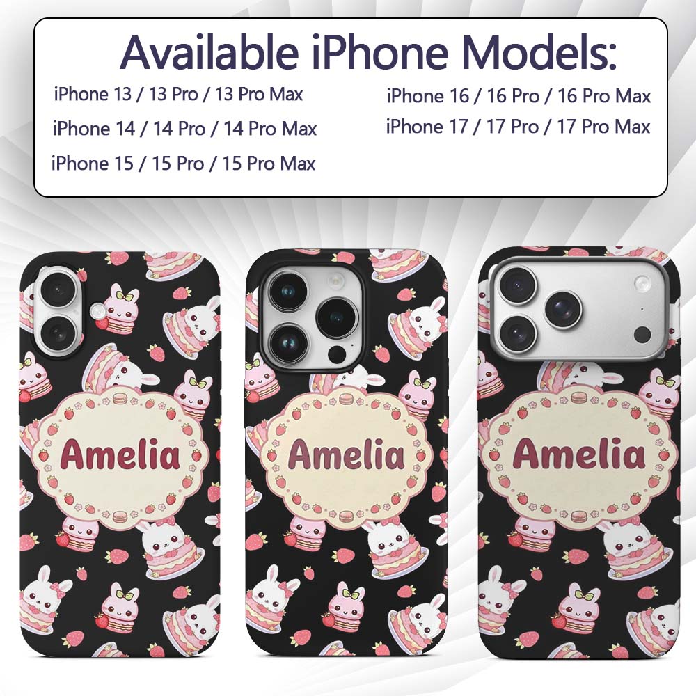 Cute Strawberry Bunny Cake Dessert Kawaii Black Custom Name Protective Phone Case Mobile Cover Durable Everyday Smartphone Shock Resistant