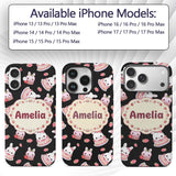 Cute Strawberry Bunny Cake Dessert Kawaii Black Custom Name Protective Phone Case Mobile Cover Durable Everyday Smartphone Shock Resistant