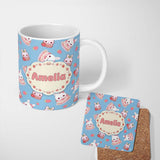 Personalized Custom Name Cute Strawberry Bunny Cake Dessert Kawaii Blue Background Seamless 11oz Ceramic Coffee Tea Mug White Large Handle