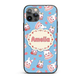 Cute Strawberry Bunny Cake Dessert Kawaii Blue Custom Name Protective Phone Case Mobile Cover Durable Everyday Smartphone Shock Resistant