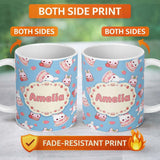 Personalized Custom Name Cute Strawberry Bunny Cake Dessert Kawaii Blue Background Seamless 11oz Ceramic Coffee Tea Mug White Large Handle