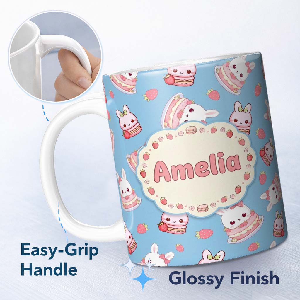 Personalized Custom Name Cute Strawberry Bunny Cake Dessert Kawaii Blue Background Seamless 11oz Ceramic Coffee Tea Mug White Large Handle
